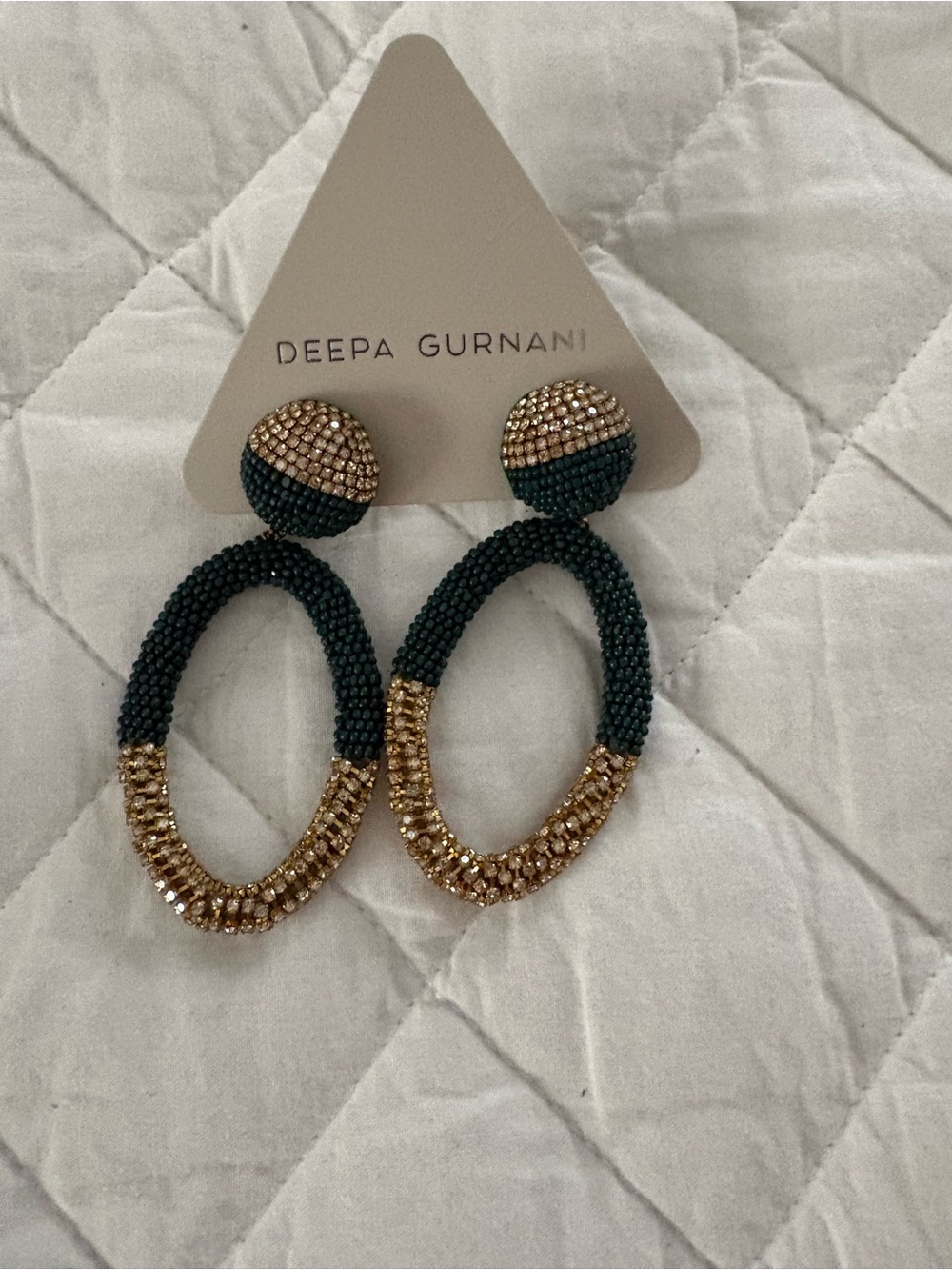 Deepa Gurnani Teal and Gold Beaded Oval Drop Earrings